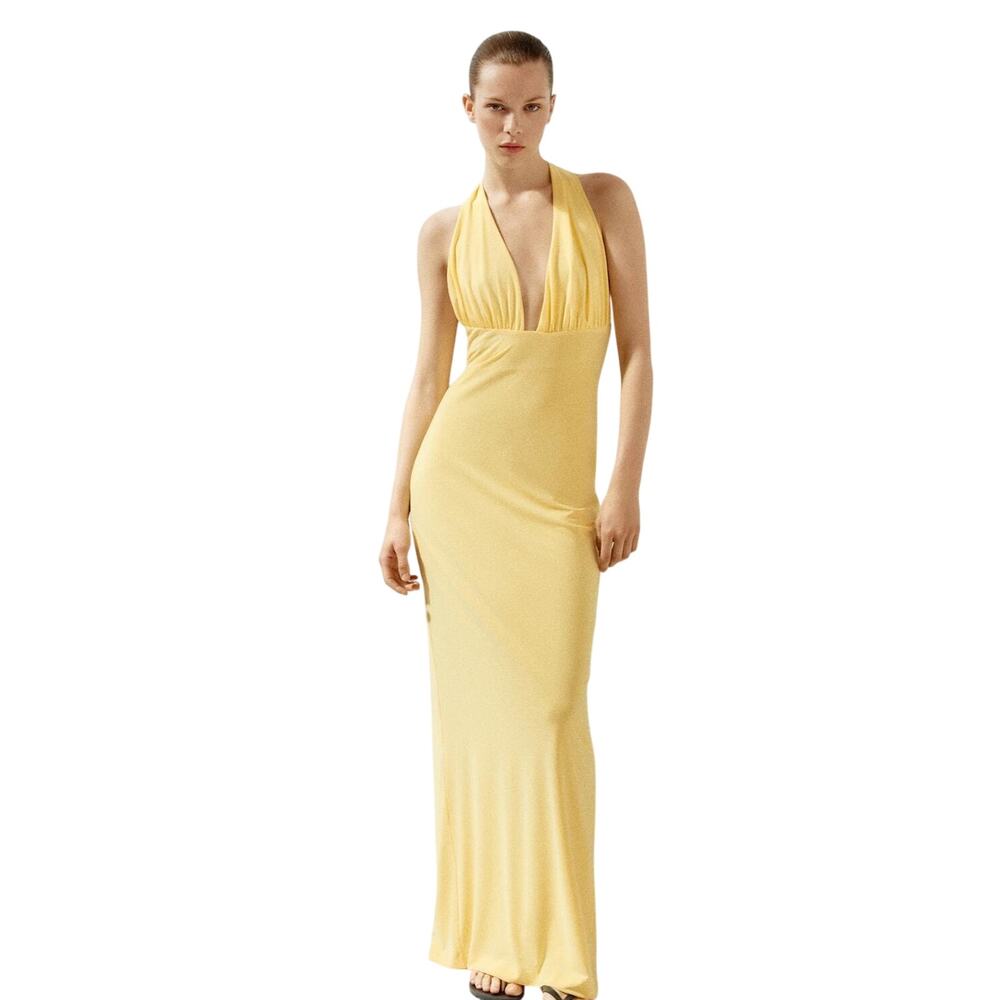 Nwt ZARA Light Yellow Halter Top Maxi Dress with Long Scarf Neck TieBack Size M - Picture 2 of 9